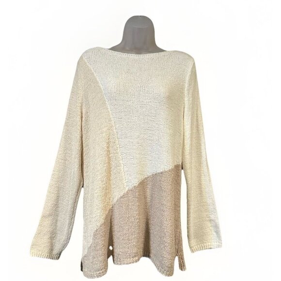 J Jill Pure Jill Colorblock Loose Knit Sweater Tunic Cream Tan Womens Size Large - Picture 1 of 7